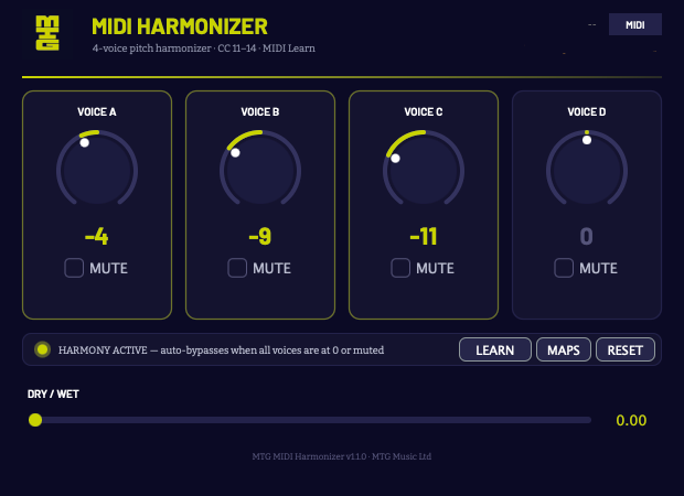 MTG MIDI Harmonizer Plugin UI - 4-voice vocal harmonizer for Logic Pro X and Ableton Live (AU/VST3, macOS)